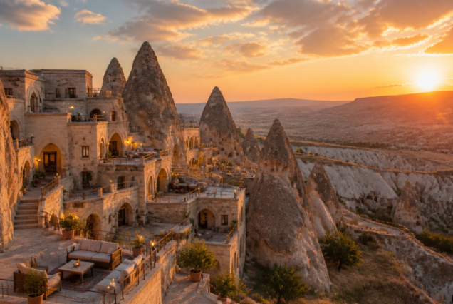 Cappadocia cave hotel and fairy chimneys at sunset