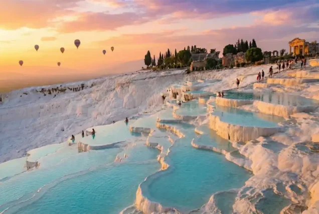 Pamukkale white travertine terraces at sunset, Türkiye